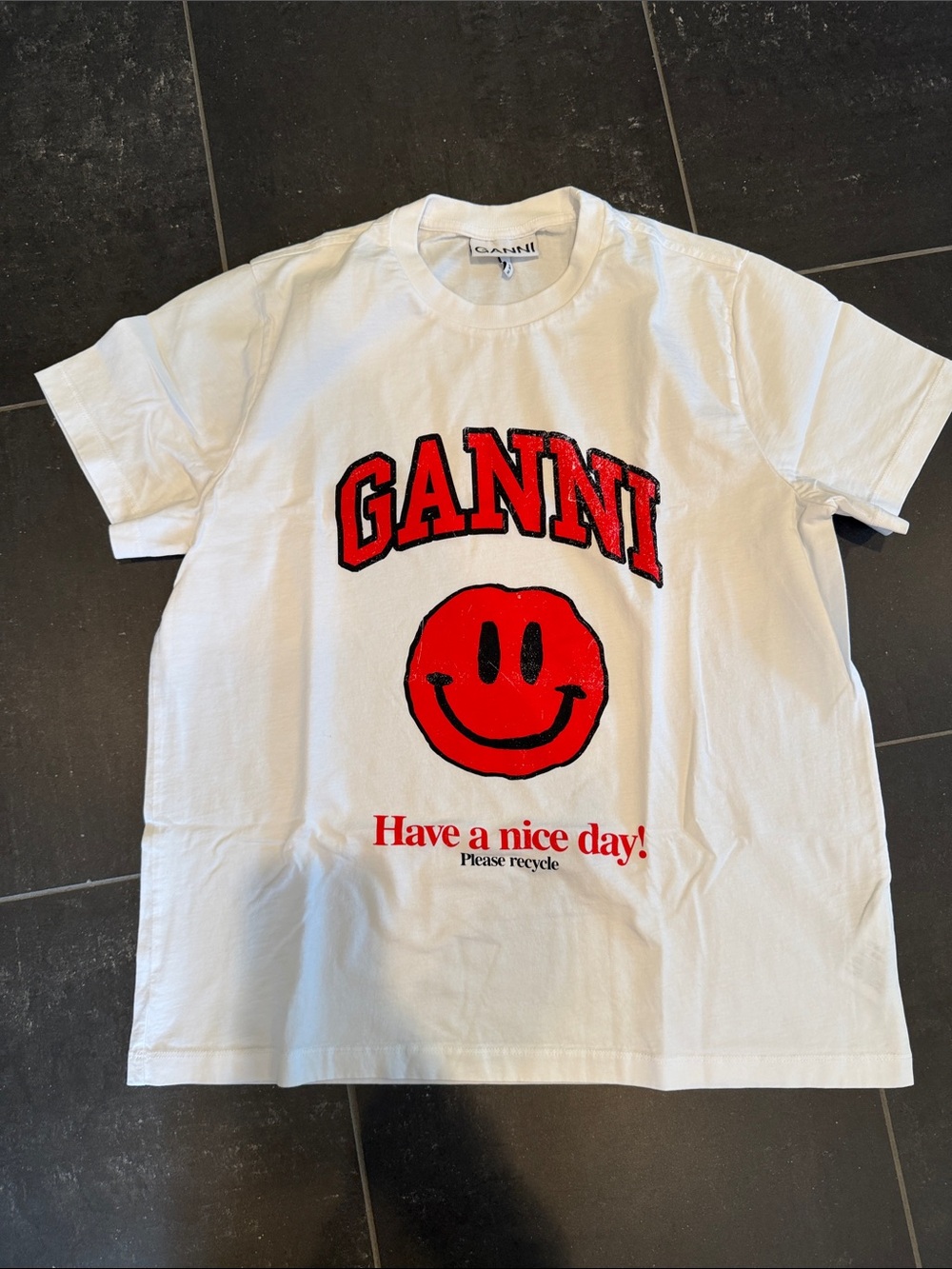 Ganni White Tee with Red Smiley and Logo size M